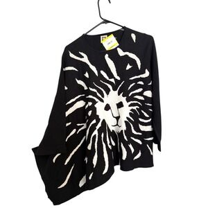 Anne Klein Lion Graphic Sweater Knit Top Black Ivory Sz  M asymmetrical